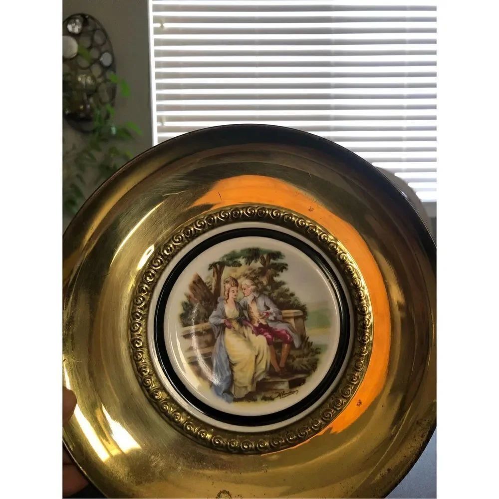 Vintage Porcelain Plate in Round Brass Frame made in England by Regency Bone Chi